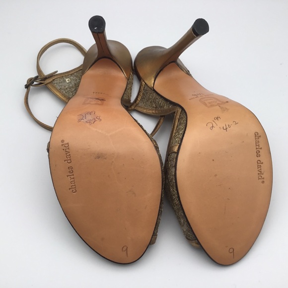 CHARLES DAVID gold mesh sequin evening formal peep toe heel pump 9M 9 - Picture 5 of 5